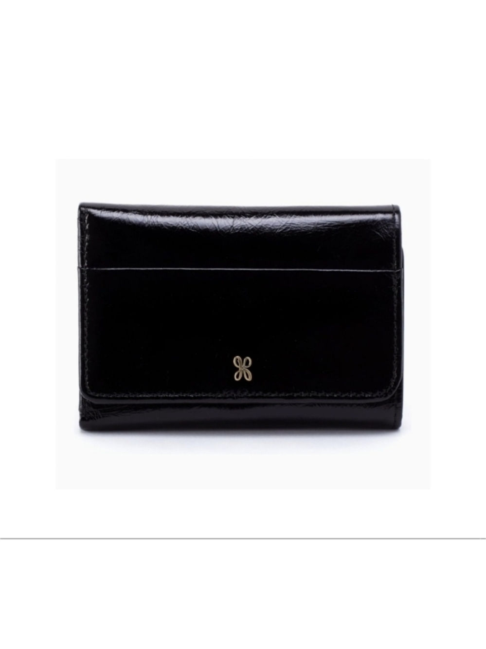 HOBO Black Patent Trifold Wallet with Gold Accent